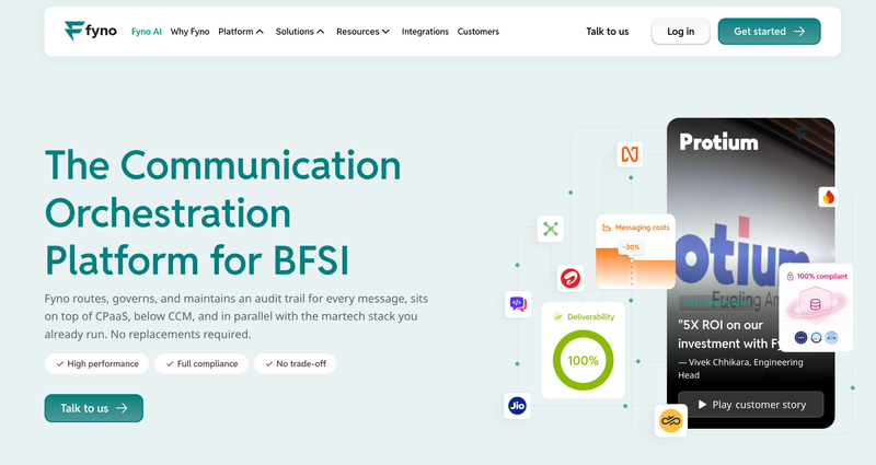 Fyno homepage describing a communication orchestration platform that sits on top of CPaaS, below CCM, and alongside existing martech