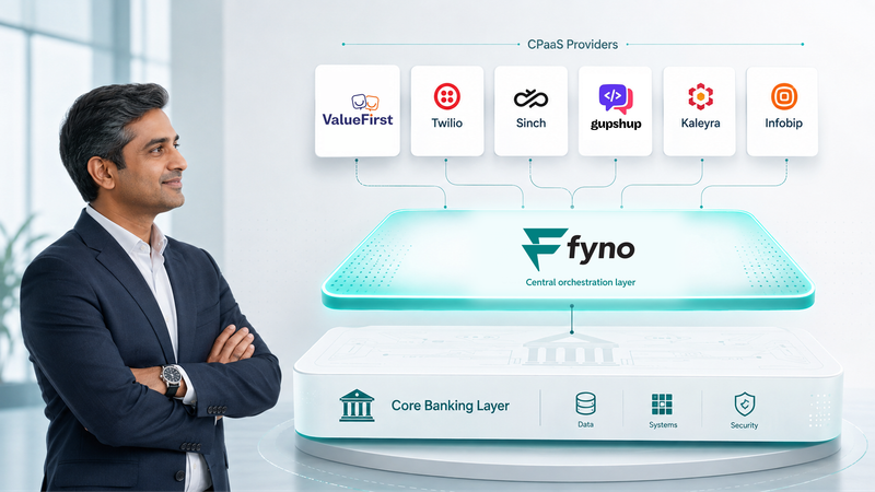 Fyno orchestration layer connecting CPaaS providers ValueFirst, Twilio, Sinch, Gupshup, Kaleyra and Infobip to core banking