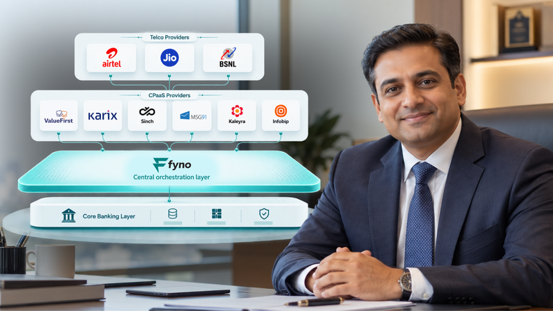 Fyno's central orchestration layer connecting a bank's core banking layer to CPaaS providers ValueFirst, Karix, Sinch, MSG91, Kaleyra and Infobip, and telcos Airtel, Jio and BSNL