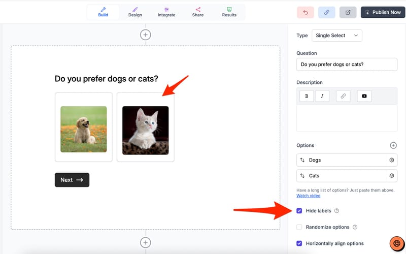 Hiding labels in picture choice questions in Youform