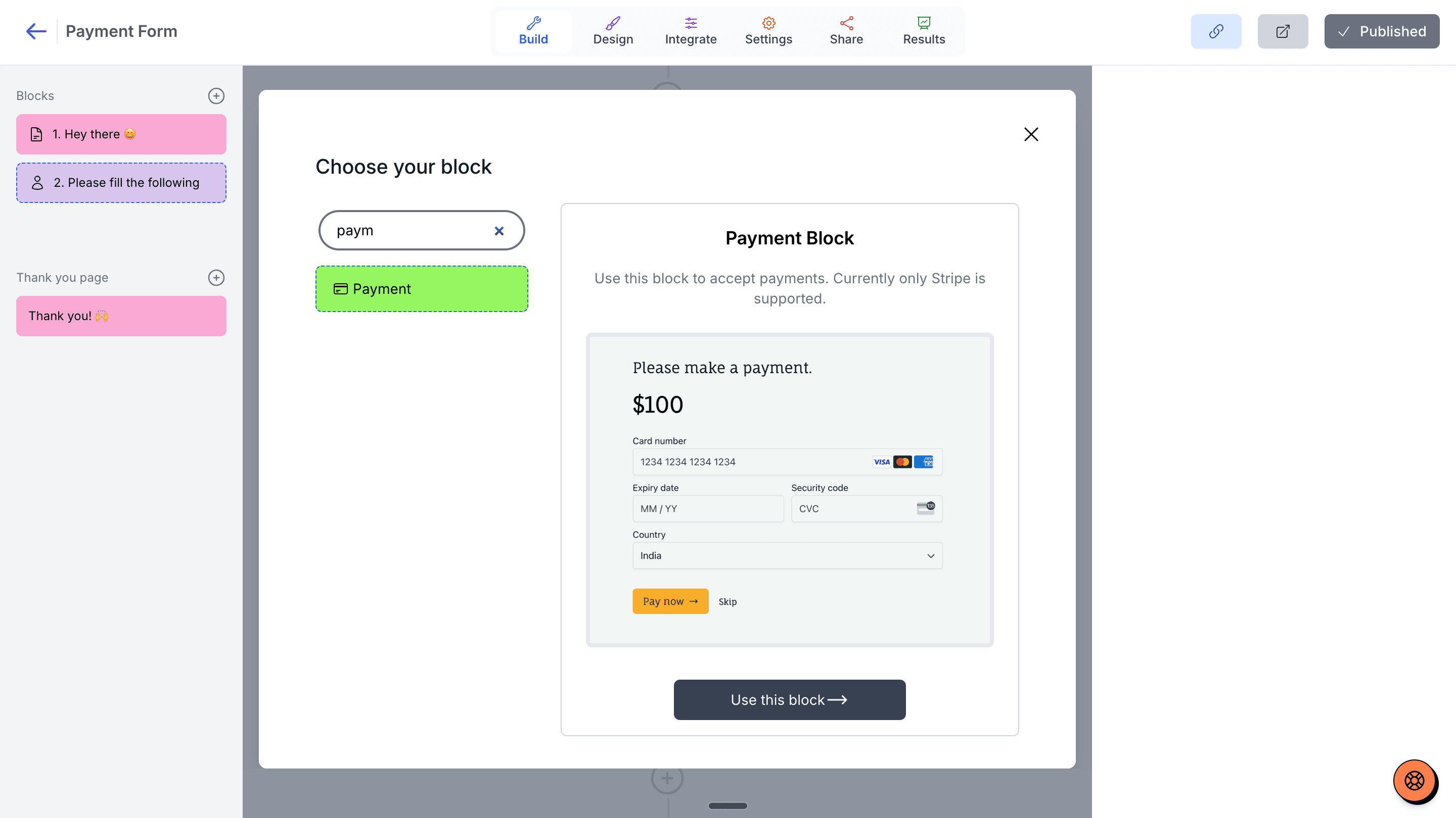 Stripe payments in Youform