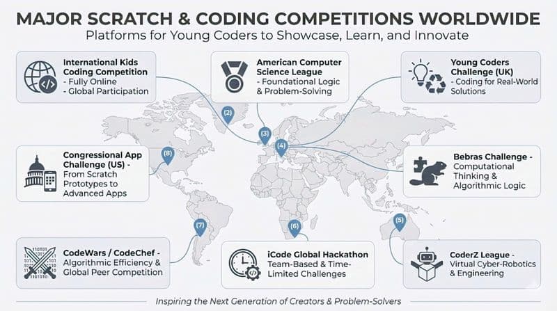A world map of national and international scratch coding competitions