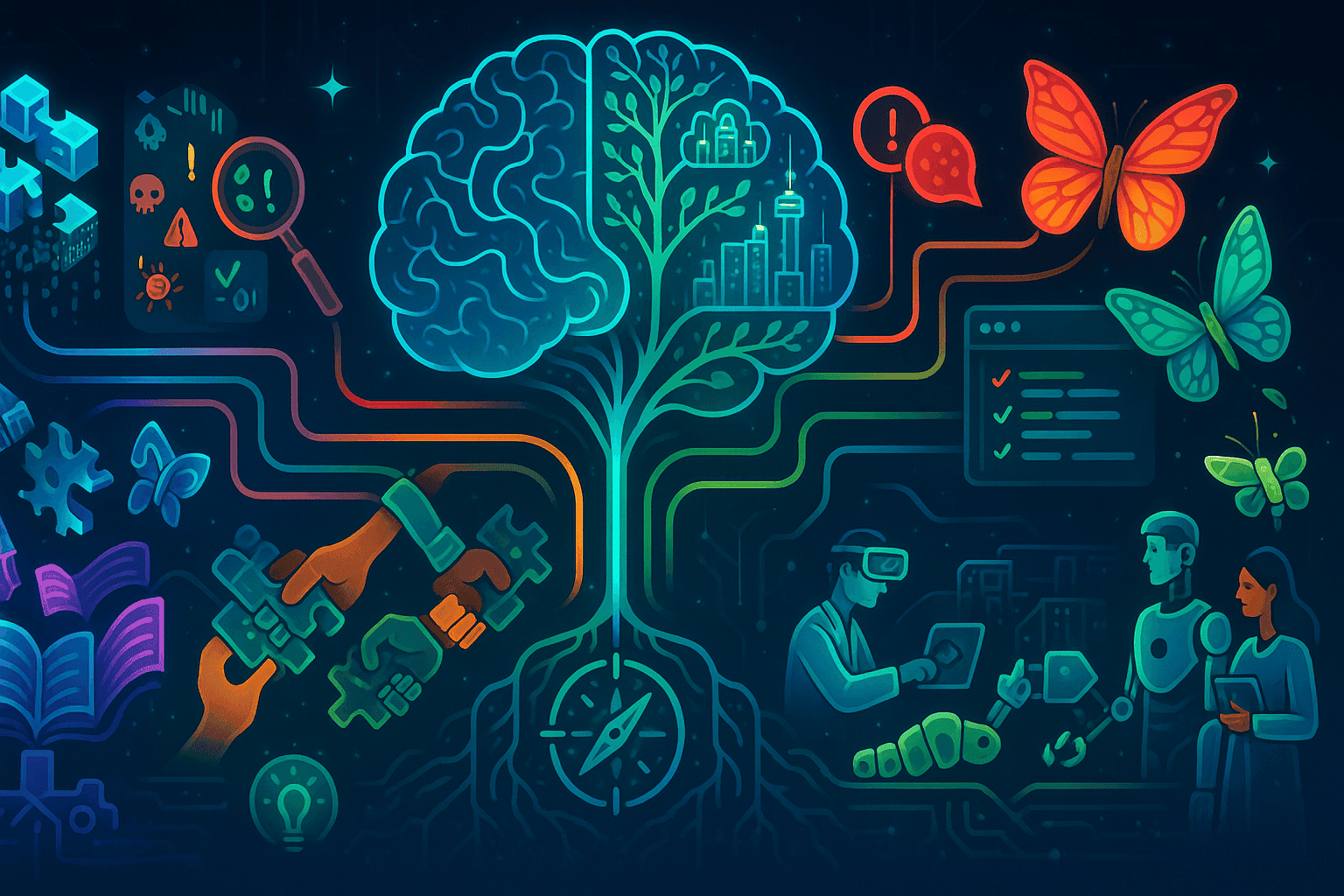 Palm‑tree styled hybrid brain graphic linking puzzle pieces, virtual collaboration and generative AI icons