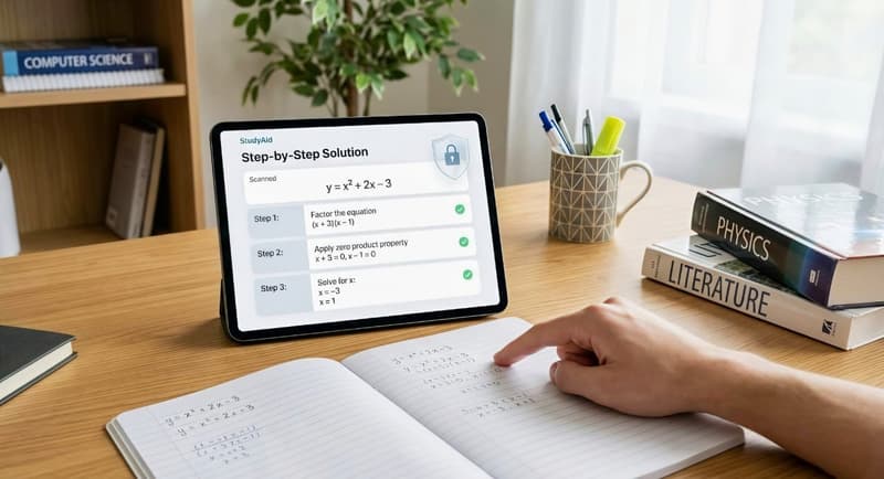 Step-by-step math solution app on tablet aids homework, displays equations for key concepts practice