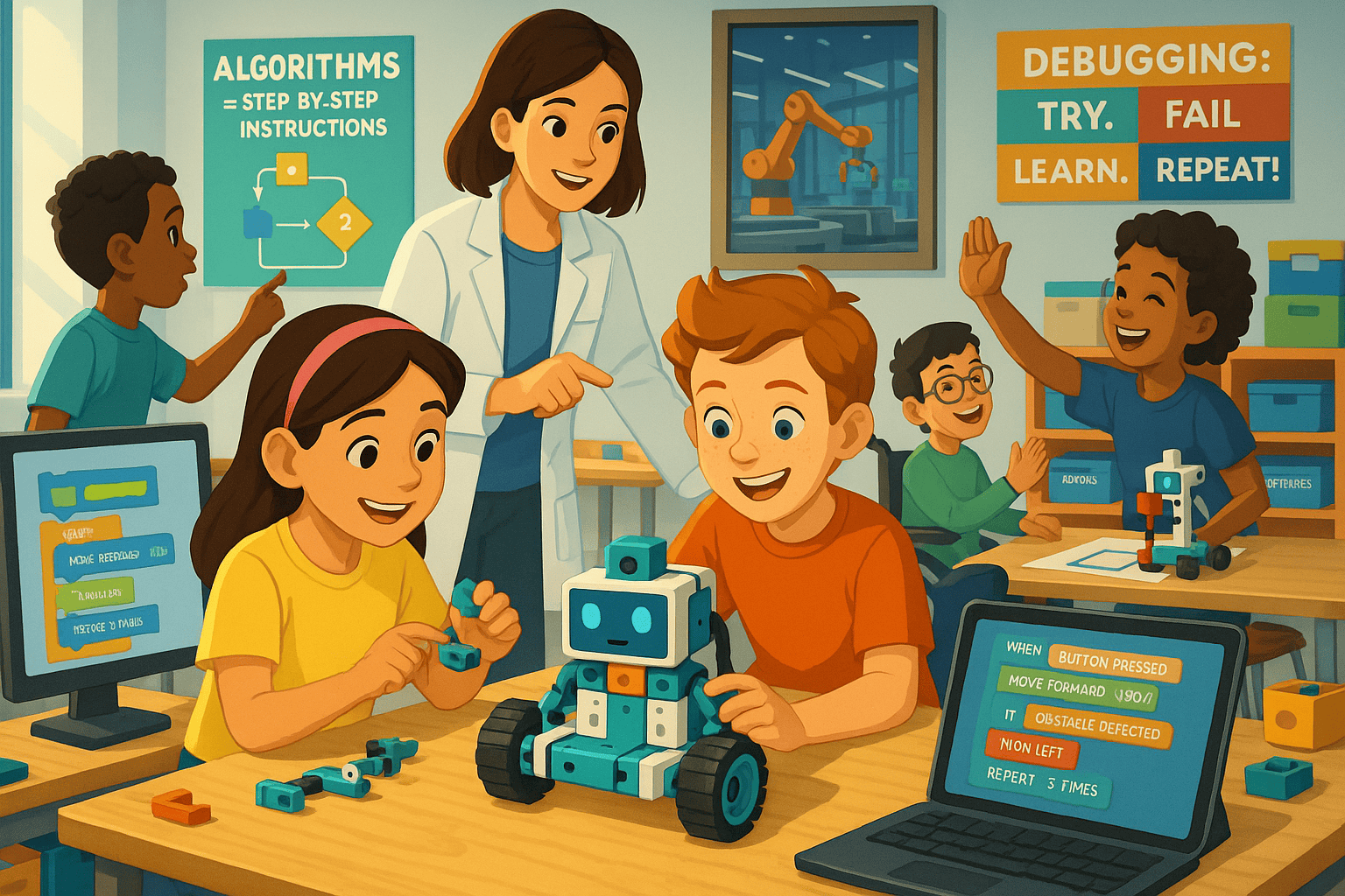 Students working on robotics projects with mechanical parts, exploring electronics, design, and creativity in schoolYoung kids engaged in robotics camps, coding programmable robots and learning mathematical concepts through fun tasks