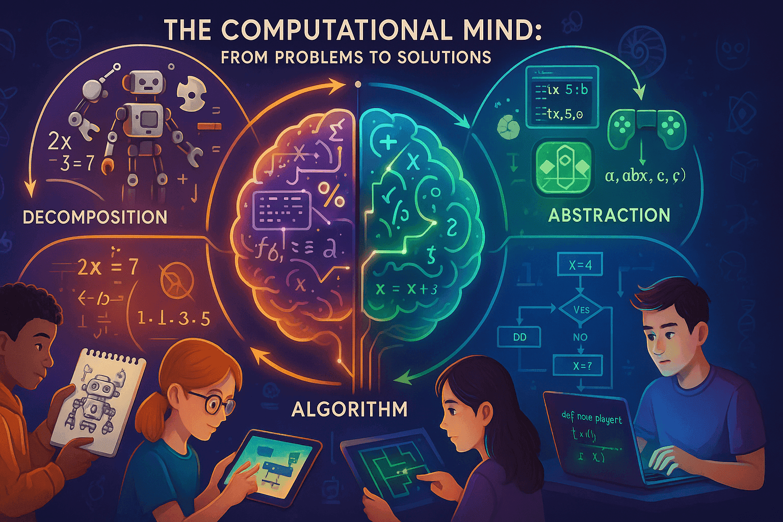 kids using laptop, tablet and a book to learn coding and to implement it