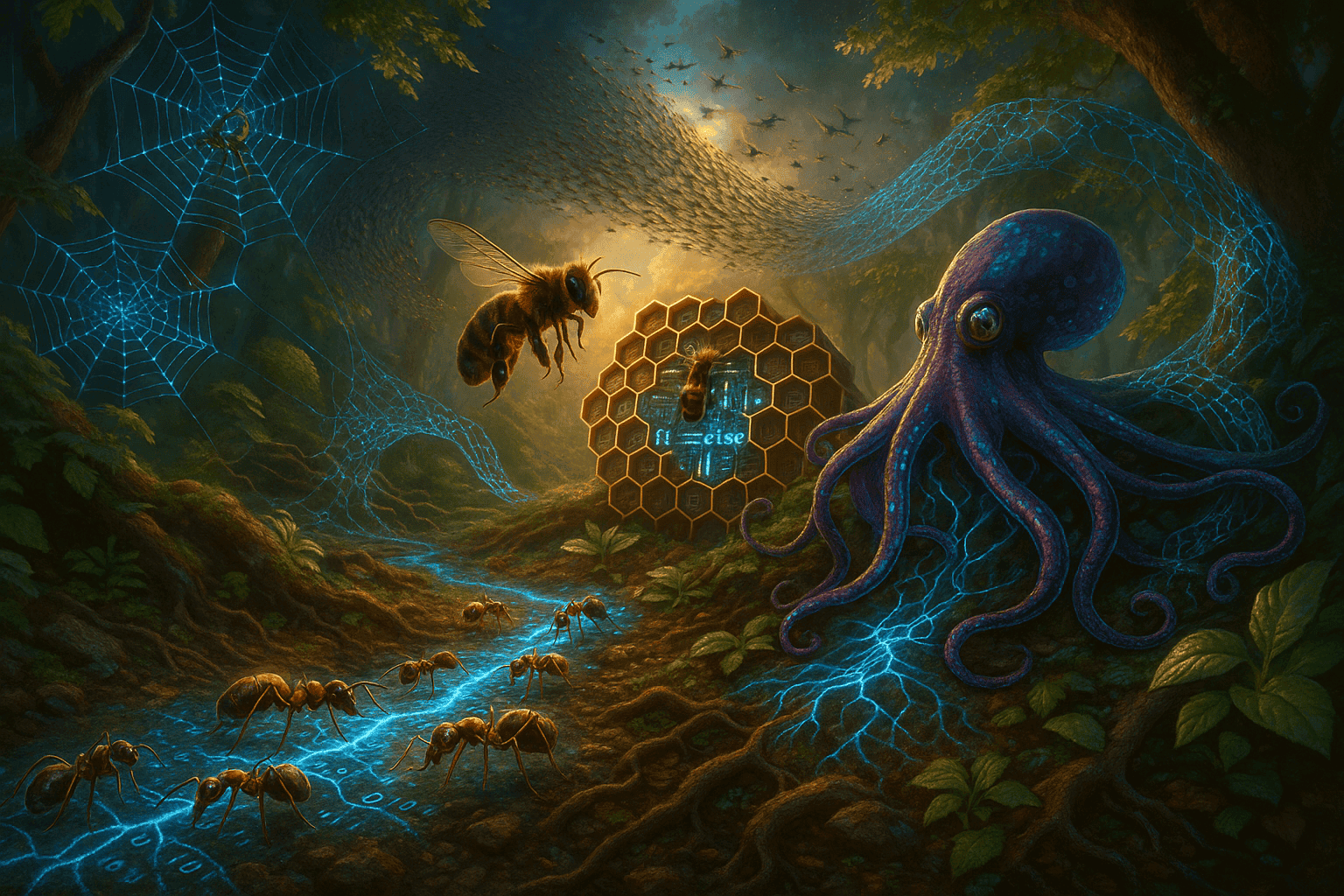 spider,bees,octopus,birds,ants are depicted in the picture