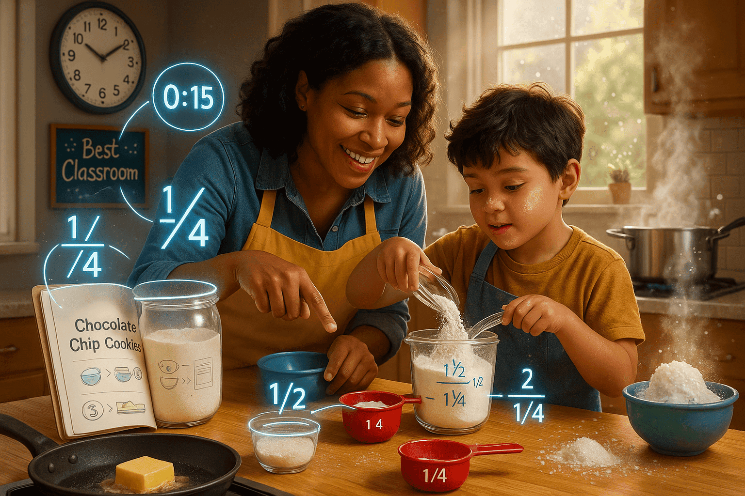 Mother helping her kid to learn maths and science in kitchen
