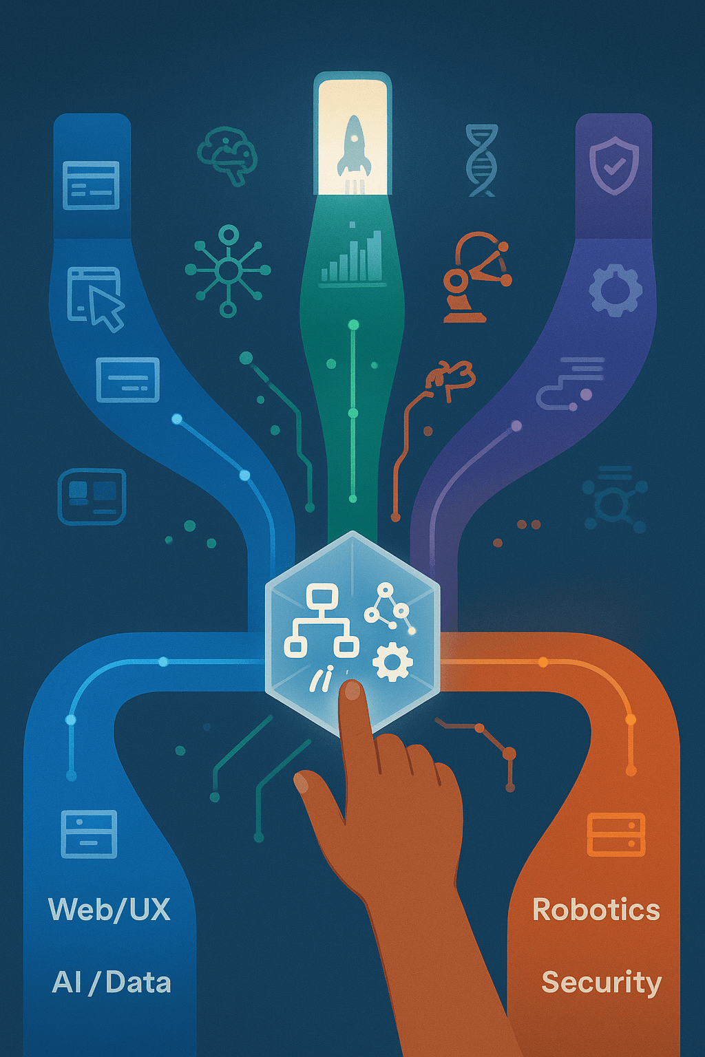 Four specialized paths for a future tech career: Web/UX design, AI data analysis, robotics, and security