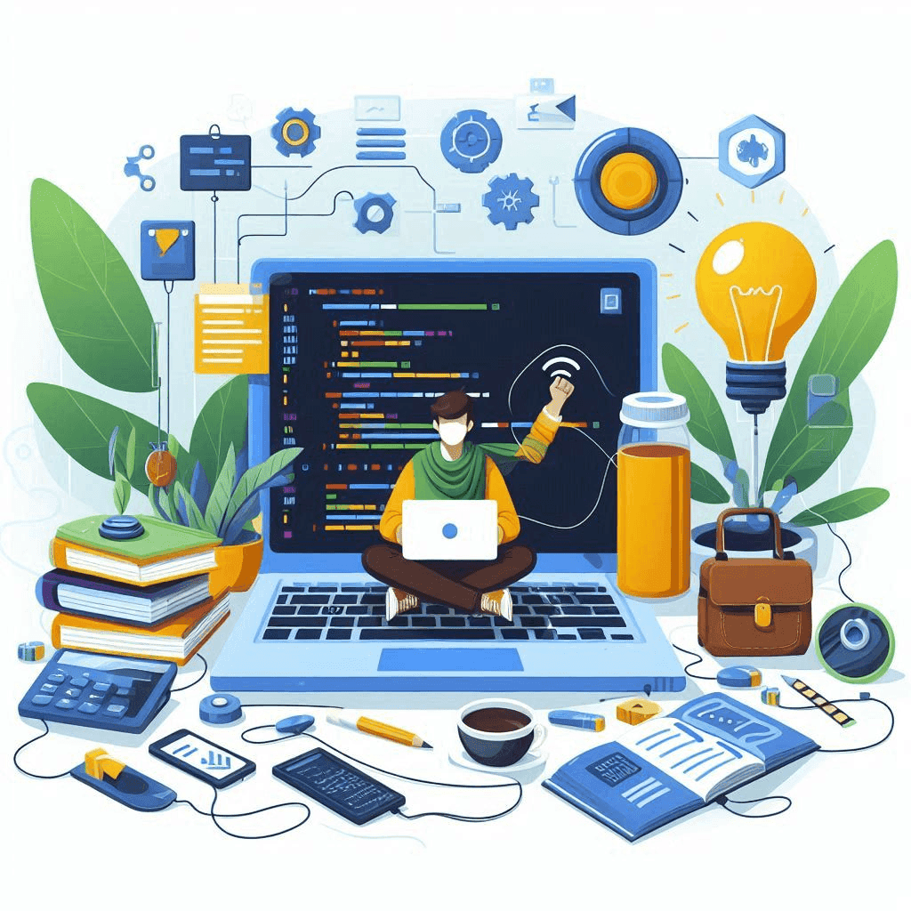 student sitting on a imaginary large laptop and using his laptop