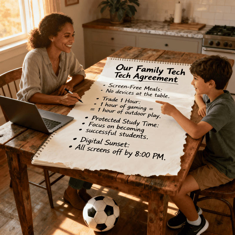 Family signs tech agreement for balanced screen time, promoting physical activity and family connection
