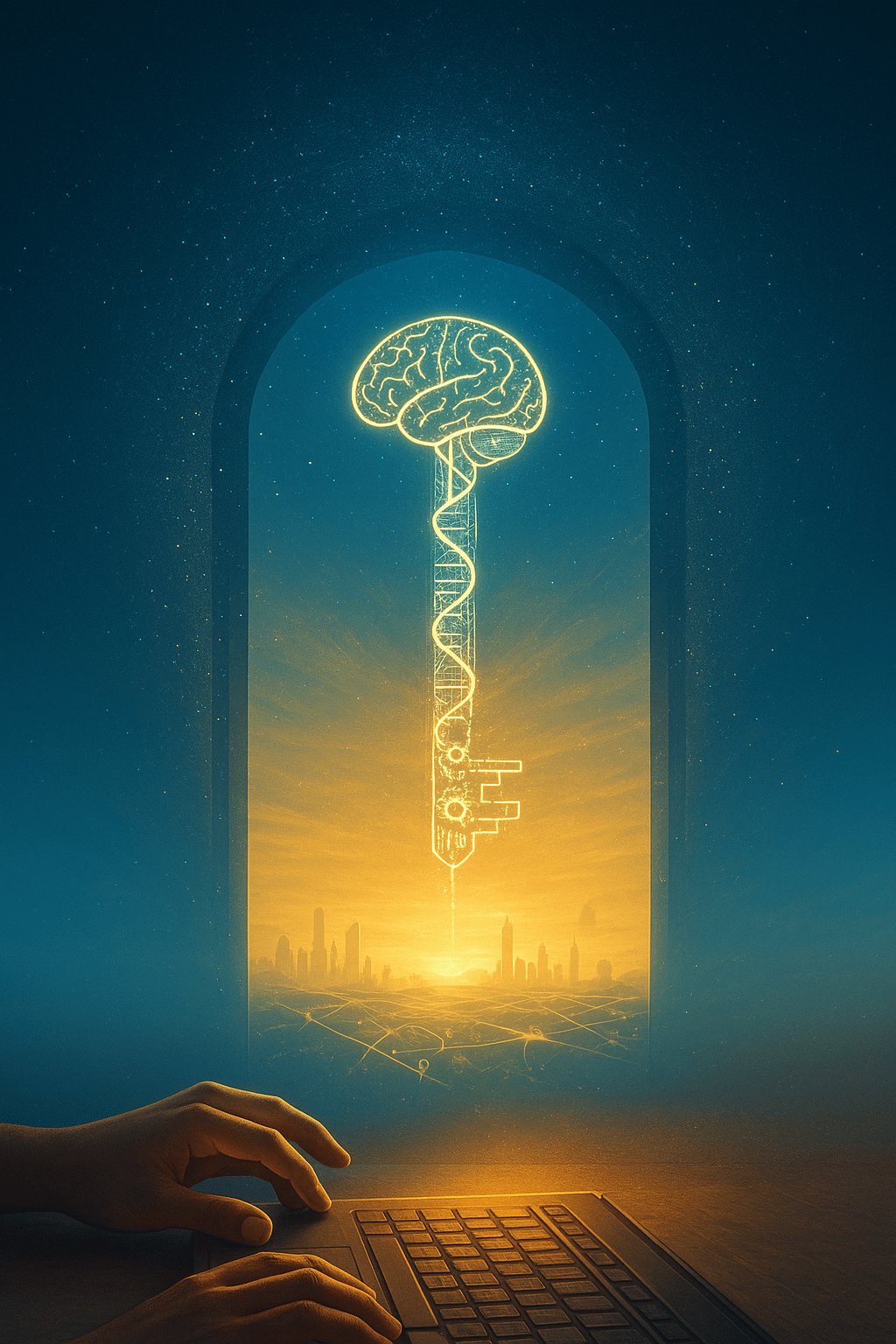 Hands on laptop beneath a glowing brain-shaped key with DNA stem over city skyline, symbolizing AI innovation