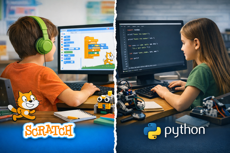 Scratch coding for kids — young child dragging blocks on the Scratch editor interface