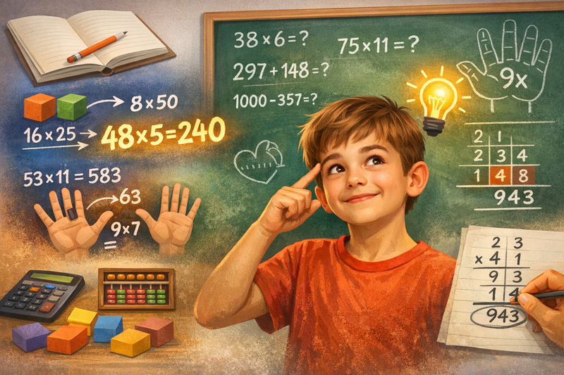 mental math strategies for kids — child writing number patterns showing multiplication shortcuts