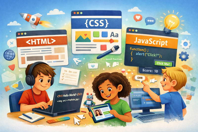 web development for kids — child's first HTML CSS website displayed in a browser window