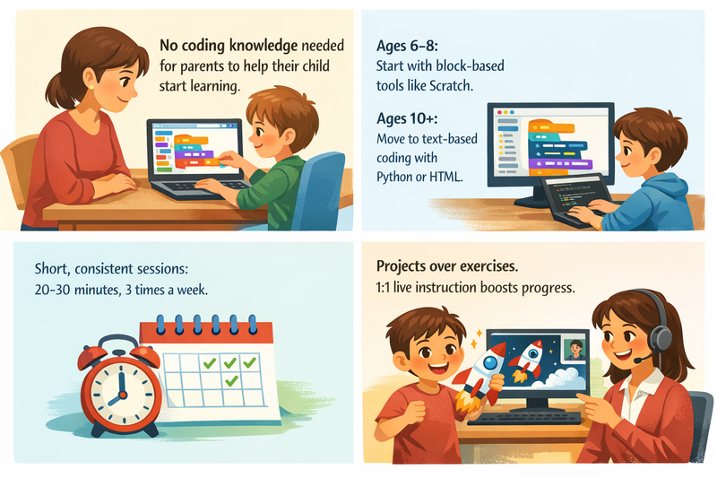 coding for kids at home: child in a 1:1 online coding class with an instructor on screen