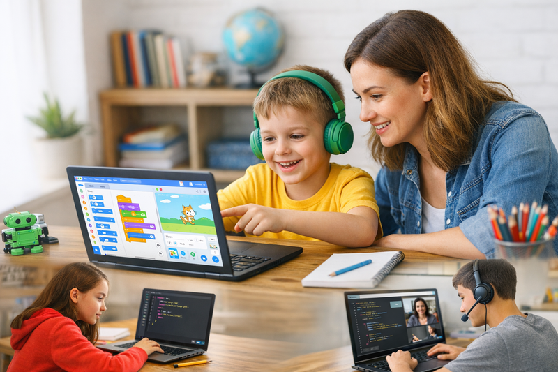 kids coding at home: child working on a Scratch game project on a desktop computer