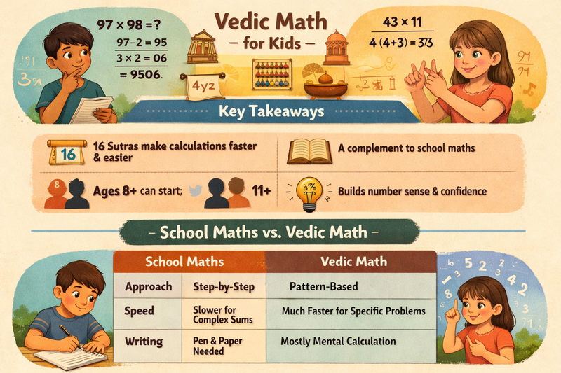 Vedic maths techniques for kids: whiteboard showing the base method multiplication steps