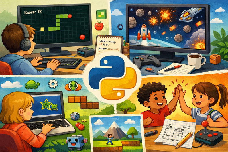 python game development for kids: screenshot of a simple 2D Pygame game built by a child student