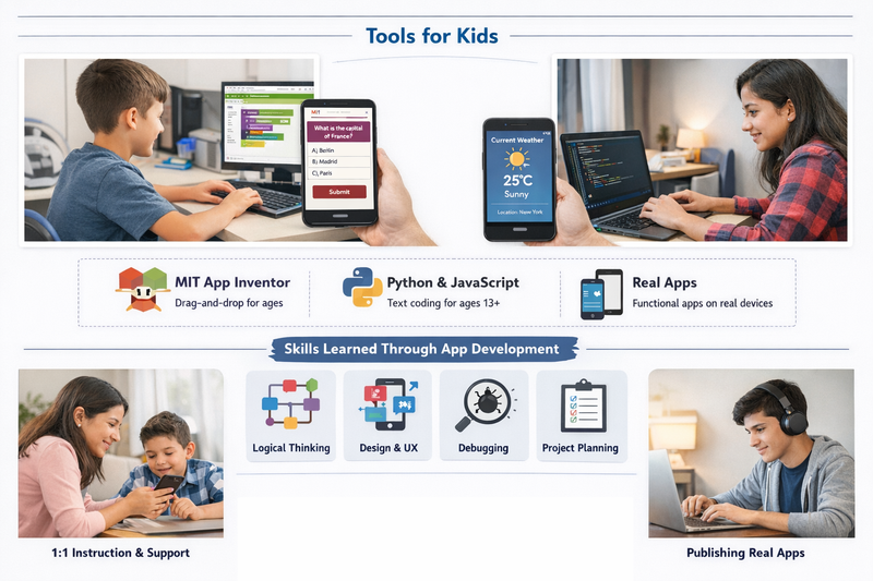 kids app development online class: child on a video call reviewing their app code with a Codeyoung instructor