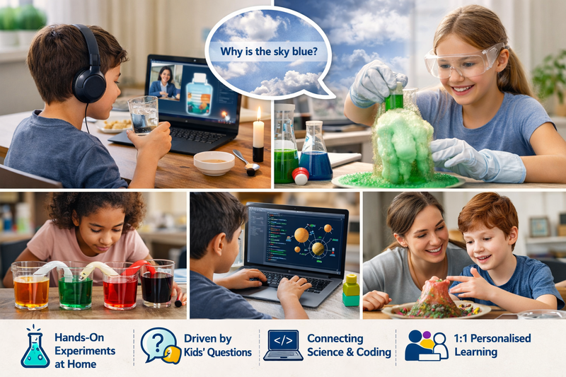 online science classes for kids: child conducting a chemistry experiment at home with household materials