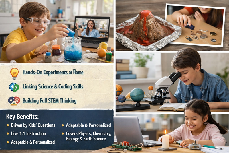 kids science online learning: child discussing a biology diagram with a Codeyoung science instructor on screen