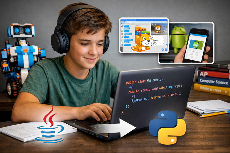 Java for kids: teenager writing Java code on a laptop with a class diagram visible on a second screen