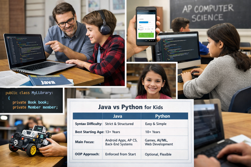 Java coding for kids: teenager working through an object-oriented Java exercise with a Codeyoung instructor on screen