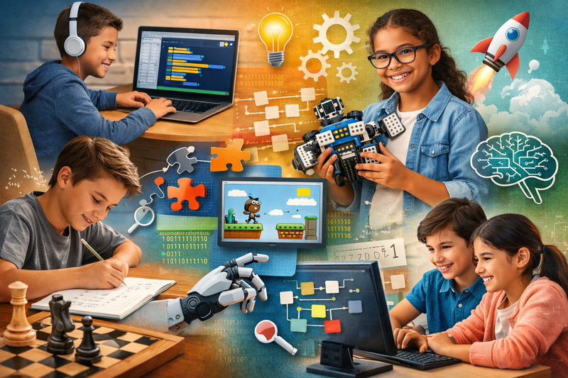 coding benefits for kids: two children collaborating on a coding project at a desk, both smiling at a laptop screen