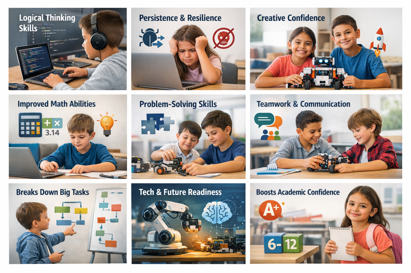 coding benefits for kids: child showing their completed coding project to a parent, pointing at the laptop screen