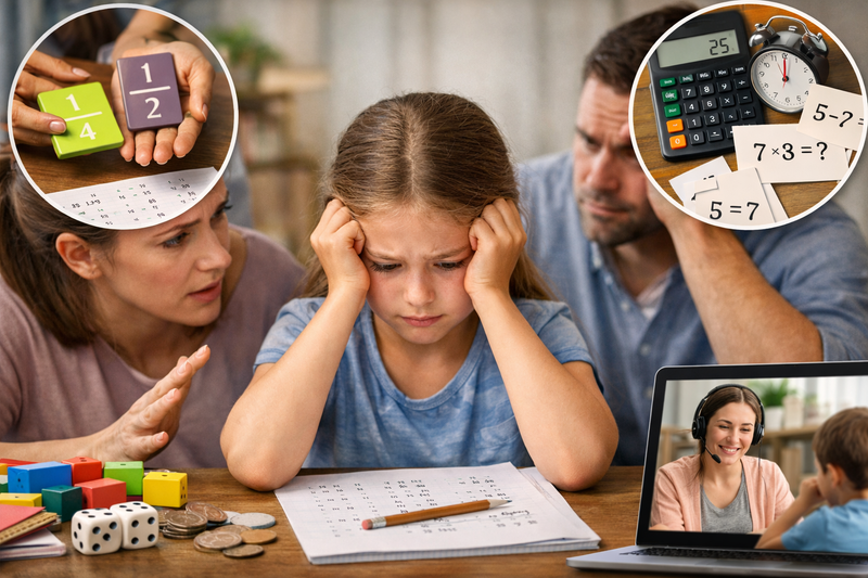 how to improve math skills for kids: parent and child working through a maths problem together at a kitchen table, both calm and engaged