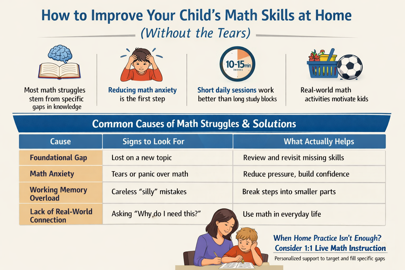 how to improve math skills for kids: child using coloured blocks to visualise a multiplication concept at a table