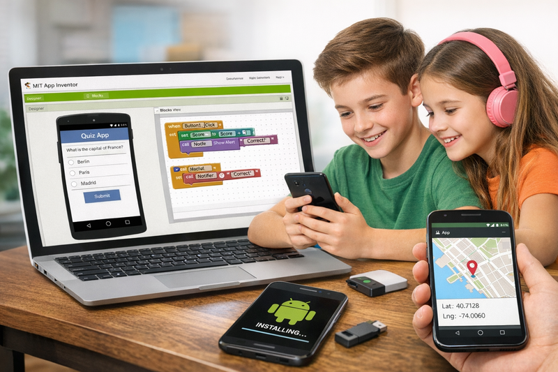 MIT App Inventor for kids: child using a tablet to test an Android app they built in MIT App Inventor