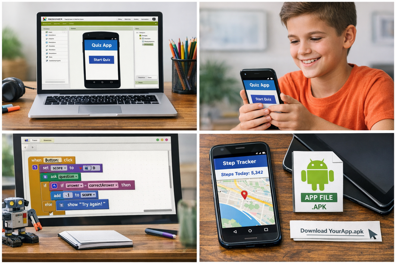 MIT App Inventor for kids: screenshot of the Blocks view showing event handling logic for a quiz app