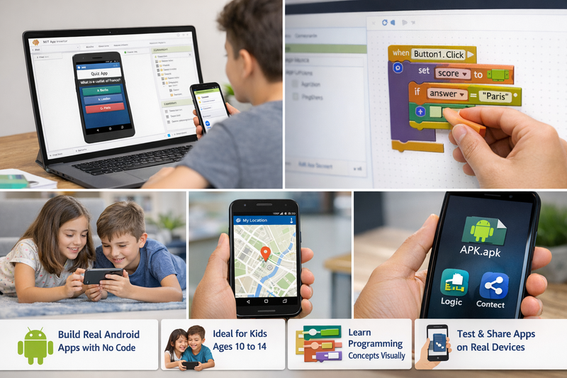 MIT App Inventor kids app testing: child holding an Android phone running an app they built in App Inventor
