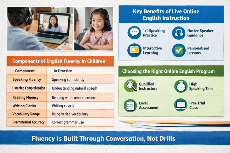 online English classes for kids: child reading a book aloud during a live English session with an instructor watching on screen
