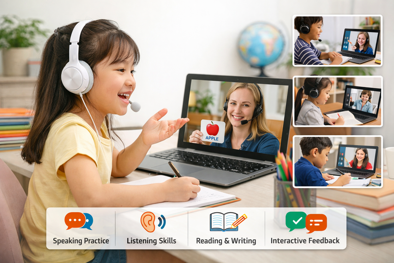 kids online English class: child engaged in a storytelling speaking activity with a Codeyoung English instructor