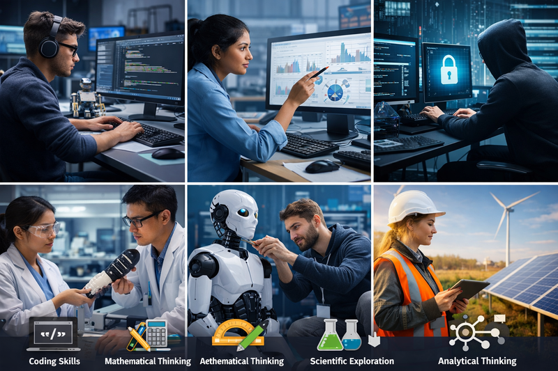 STEM careers for kids: teenager coding on a laptop with data visualisations showing on a second screen