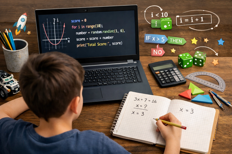 coding and math for kids: child using Python to create a maths data visualisation showing a quadratic function graph