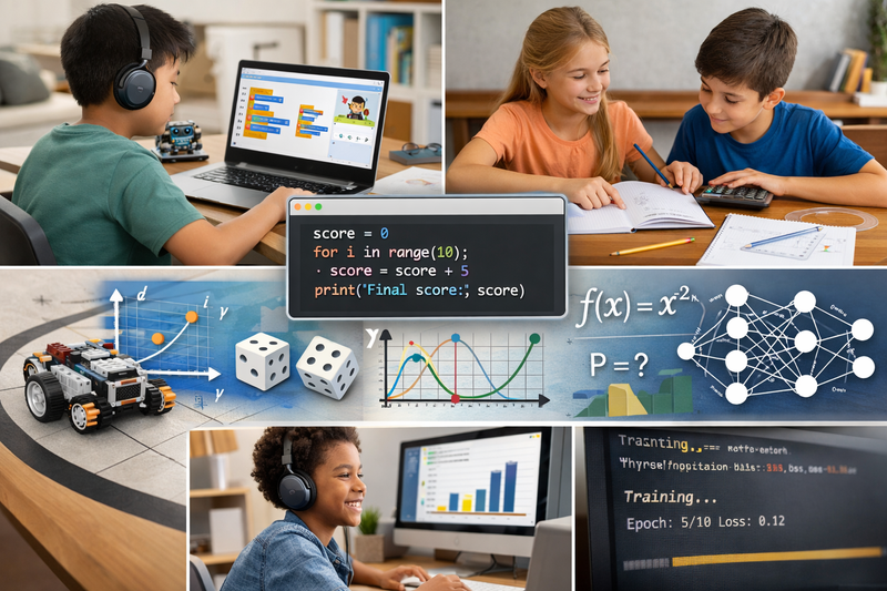 coding and math for kids: two children working together on a coding and maths project at a shared screen