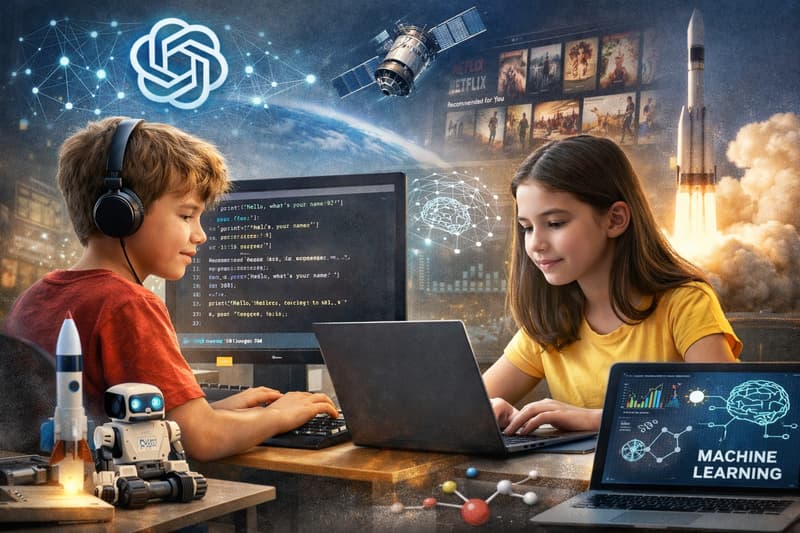 python for kids: child writing Python code on a laptop, surrounded by printed output and project notes