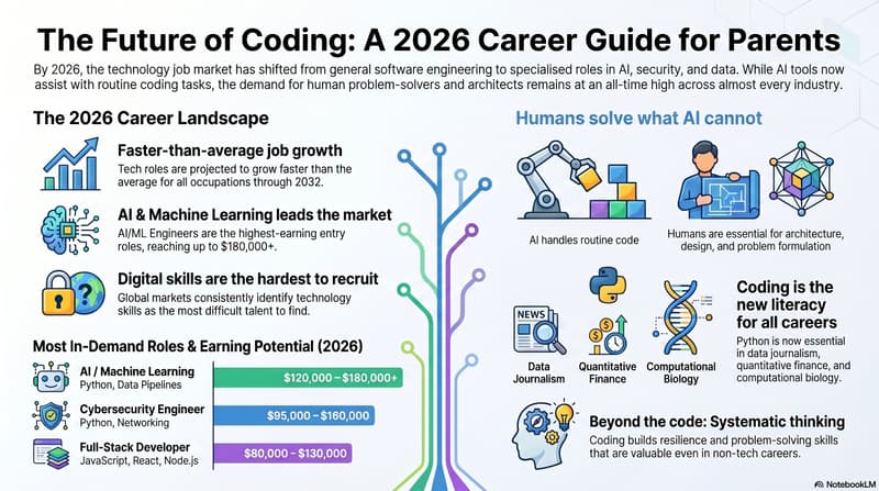 coding career for kids: infographic showing the diverse career pathways that coding skills lead to in 2026, from software engineering to data science to healthcare informatics
