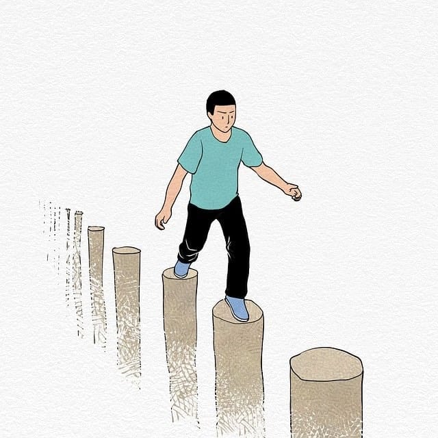 man walking on long wooden pillars