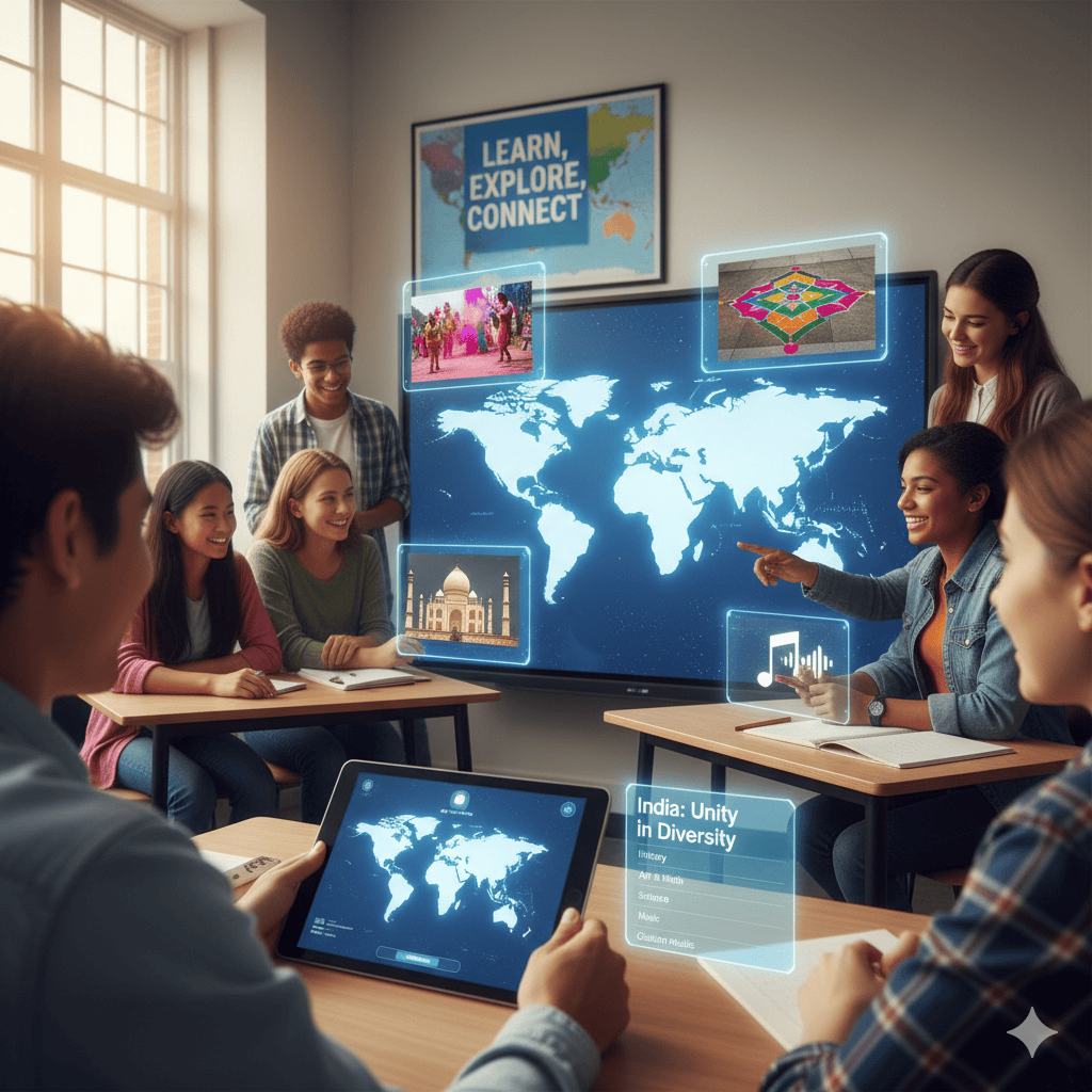 Students in a classroom collaborate, using technology and interactive screens to learn about other nations