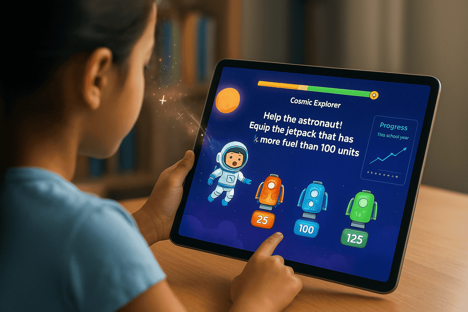 Child plays fun math games online, practicing math facts and skills for better math scores and school progress