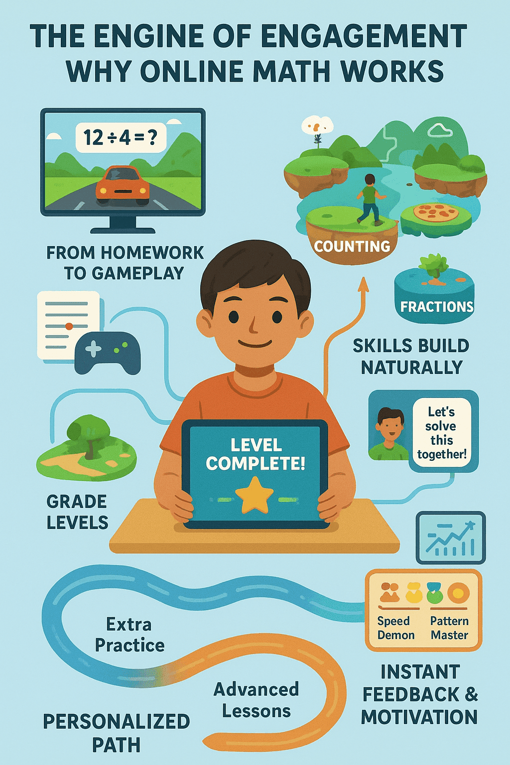 Math fun with online learning games that build math facts, grade levels, extra practice, and progress