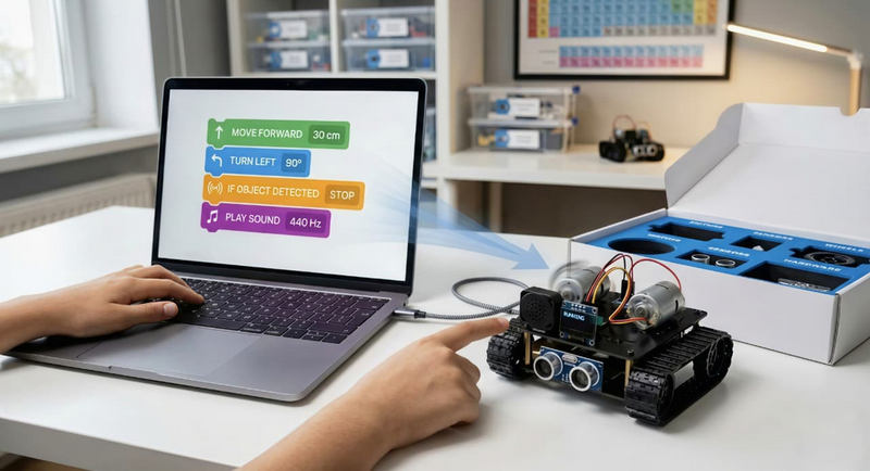 Coding robot tank using scratch software development app