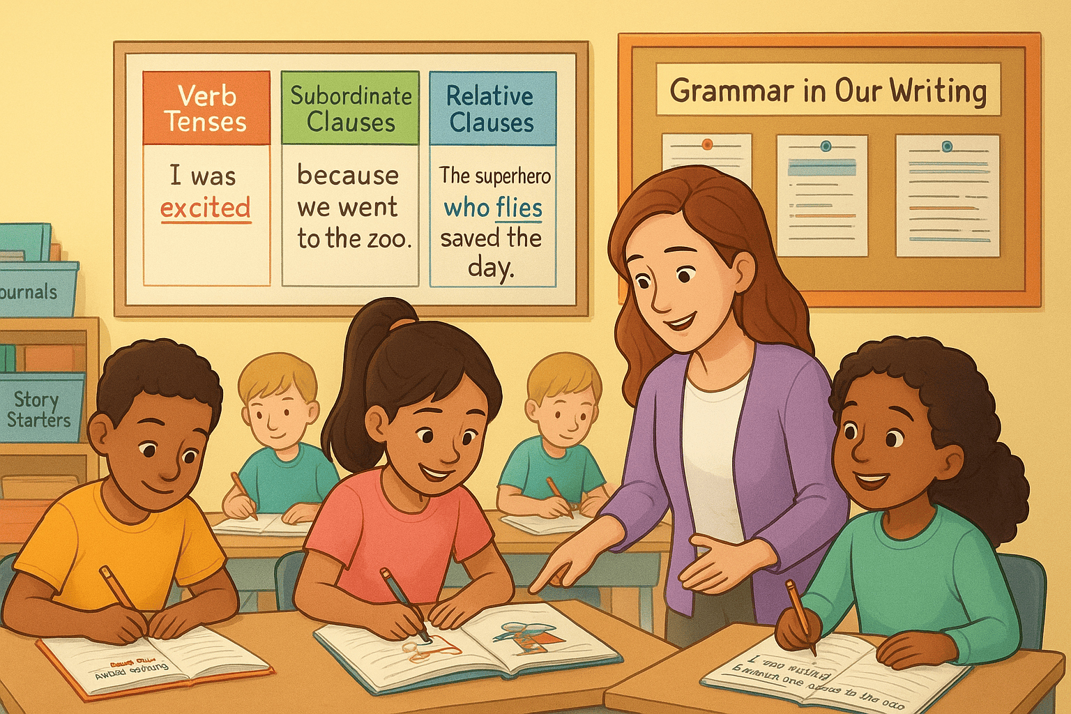 Classroom scene teaching grammar through writing activities on verb tenses and complex sentences