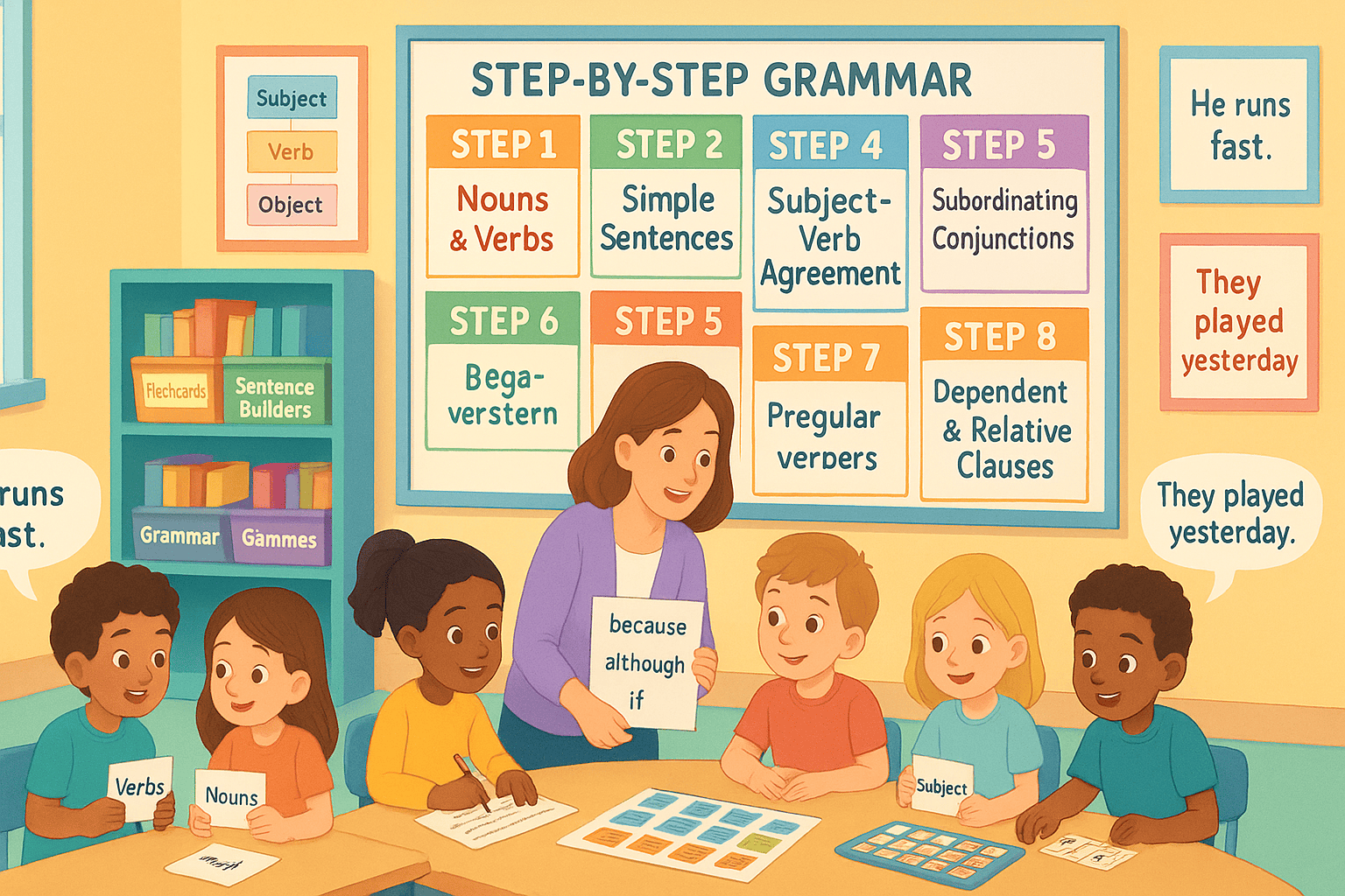 Interactive english grammar lesson showing students writing stories to learn verb tenses and clauses