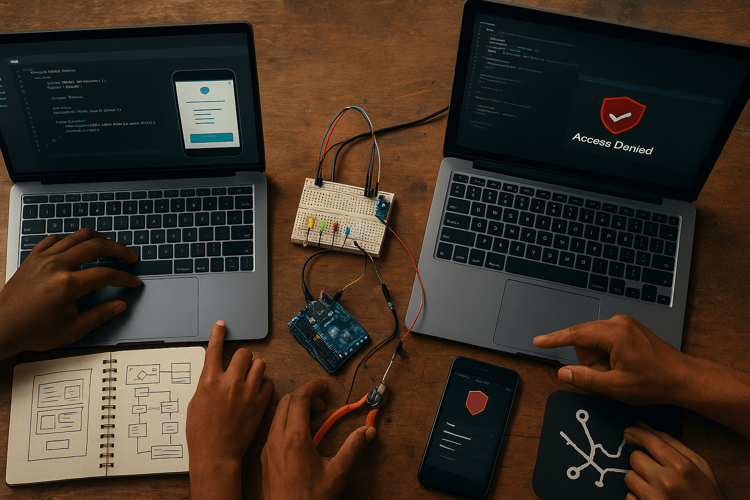 Two laptops and breadboard with Arduino, hands on circuitry; smartphone shows security shield Access Denied